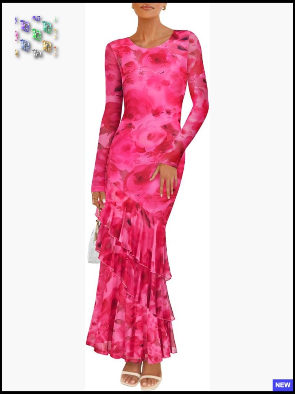 Floral Mermaid Maxi Dress Long Sleeve Crewneck Mesh Ruffle Formal Elegant